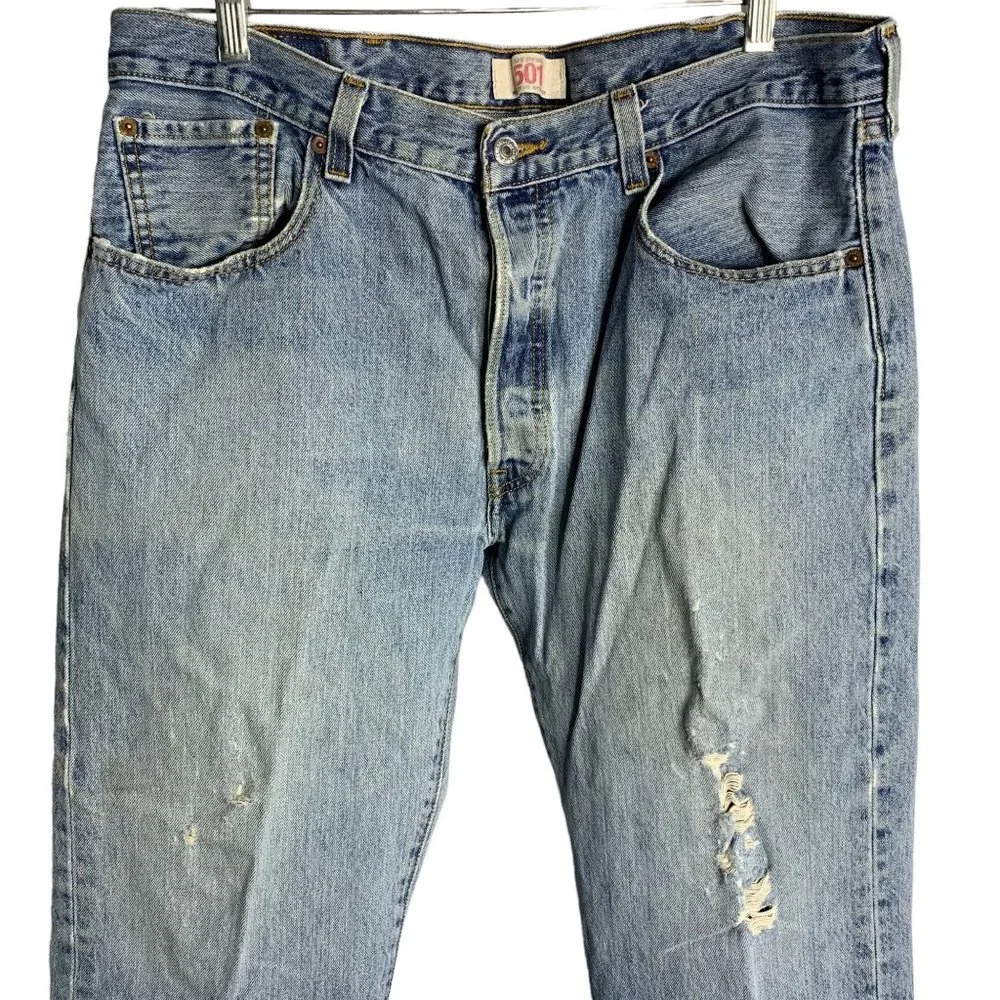 Levis 501 Button Fly Straight Leg Jeans 38/29 Med Wash Distressed 5 Pocket